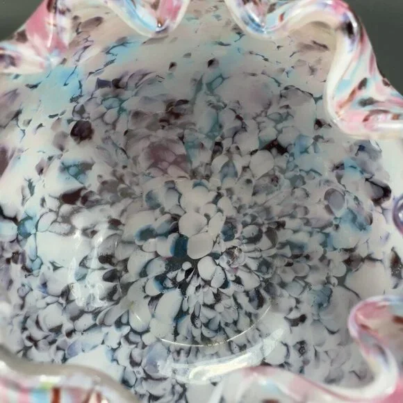 Czech Art Glass Rose Bowl Dish Hand Blown Multicolor Spots Bowl Ruffled‎ Edges - Picture 10 of 14